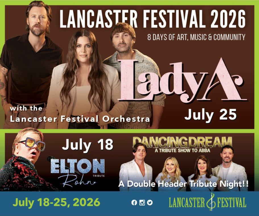 Festival banner for Lancaster Festival 2026 with photos of three artists and bold text Lancaster Festival 2026.