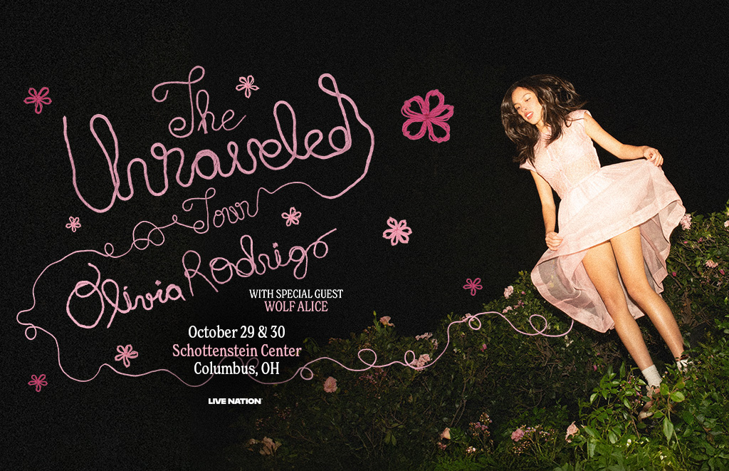 Promotional concert poster for The Unveiled Tour by Olivia Rodrigo with guest Wolf Alice; a woman in a pink dress leaps on the right against a dark background with pink decorative text and floral swirls.