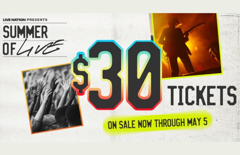Promotional poster for Live Nation's Summer of Love with large '$30' and 'Tickets' text, featuring crowd and guitarist photos. Sale now through May 5.