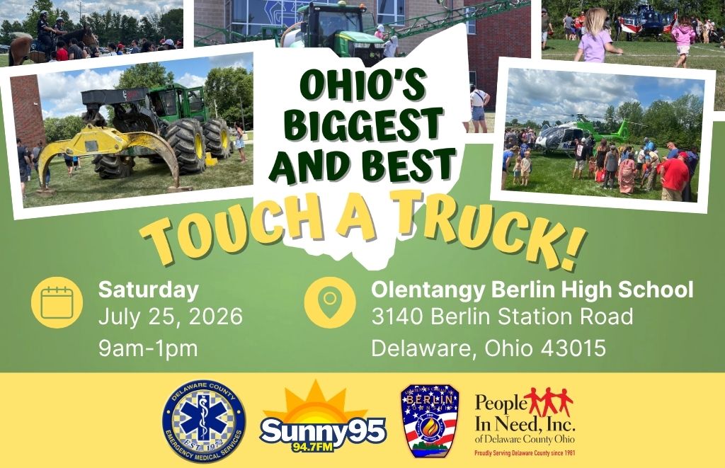 Colorful event poster for 'Touch a Truck' collage featuring tractors, vehicles, and families at a school event in Ohio.