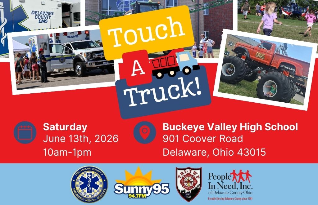 Collage announcing 'Touch A Truck!' event with photos of ambulances, a monster truck, and kids at Buckeye Valley High School (Buckeye Valley, Ohio).
