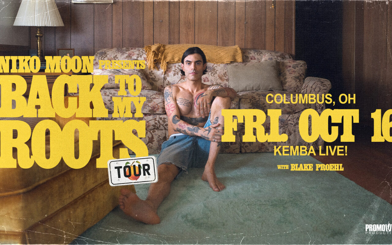Promotional poster for Niko Moon's Back to My Roots tour; tattooed man on a sofa with bold yellow text, Columbus, OH, Oct 16 at KEMBA Live.