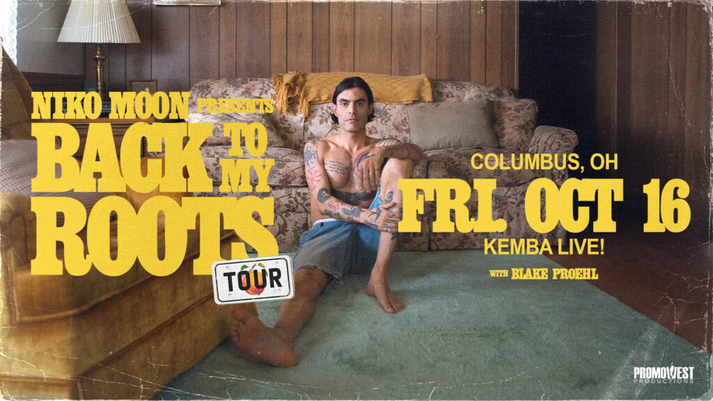 Promotional poster for Niko Moon's Back to My Roots tour; tattooed man on a sofa with bold yellow text, Columbus, OH, Oct 16 at KEMBA Live.
