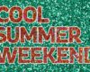 Glittery red-orange text reads 'COOL SUMMER WEEKEND' on a teal sequin background.