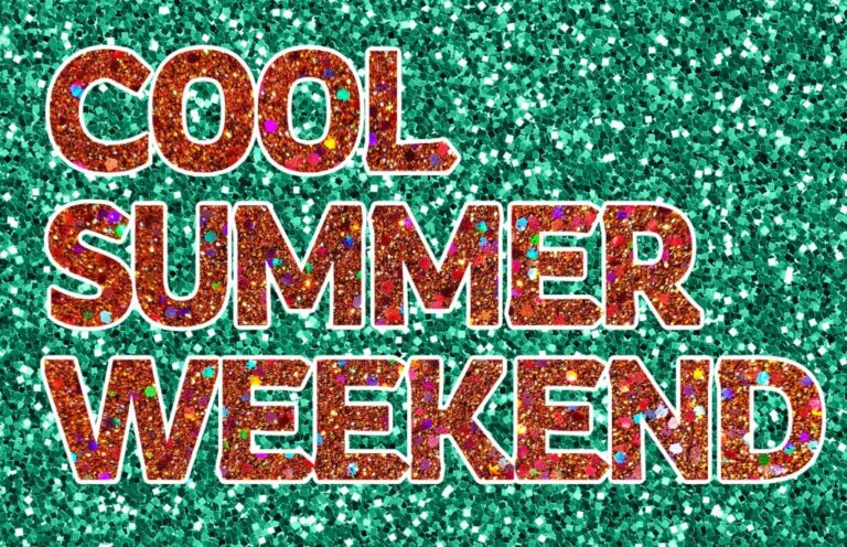 Glittery red-orange text reads 'COOL SUMMER WEEKEND' on a teal sequin background.