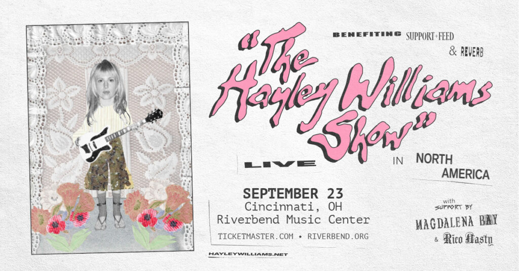 Poster promoting a live show titled 'The Hayley Williams Show' with a girl holding a white guitar against a lace-pattern backdrop and floral border; event details appear on the right.