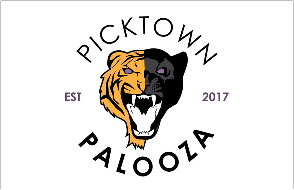 Circular logo featuring a roaring two-tone tiger head (orange left, black right) with 'PICKTOWN' arched above and 'PALOOZA' arched below; 'EST 2017' on either side.