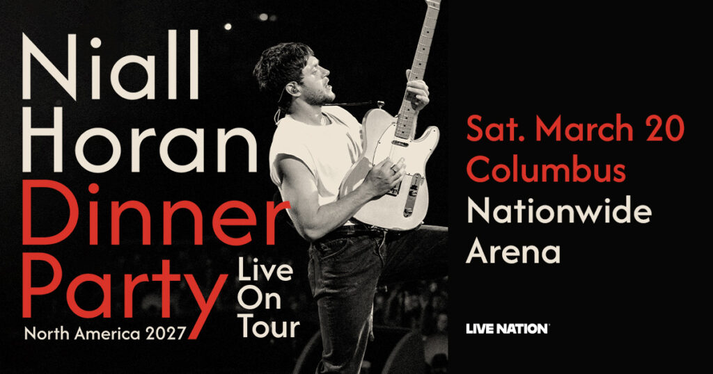 Concert poster for Niall Horan's Dinner Party tour; date March 20 at Columbus Nationwide Arena, Live Nation logo present.