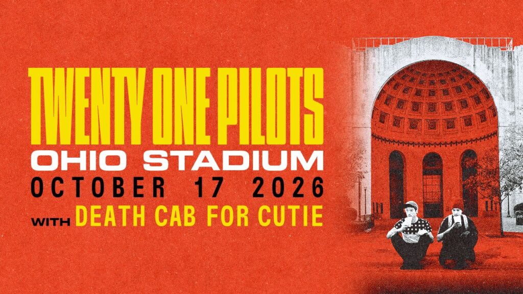 Concert poster for Twenty One Pilots at Ohio Stadium on October 17, 2026, with Death Cab for Cutie.