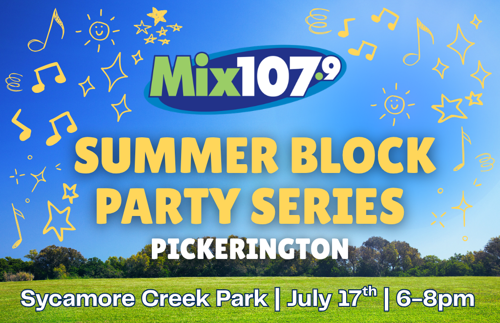 Promo banner for Mix 107.9 Summer Block Party Series in Pickerington at Sycamore Creek Park, July 17, 6–8pm.