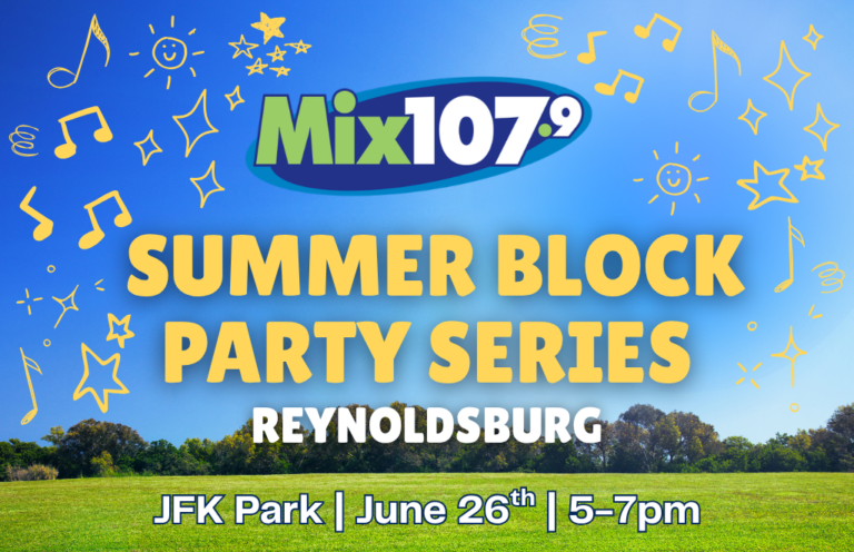 Event poster for Mix107.9 Summer Block Party Series in Reynoldsburg at JFK Park, June 26, 5–7pm (vibrant blue sky, yellow text).