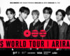 Black-and-white BTS group poster with a bold red banner reading 'BTS WORLD TOUR | ARIRANG' and sponsor logos along the bottom.
