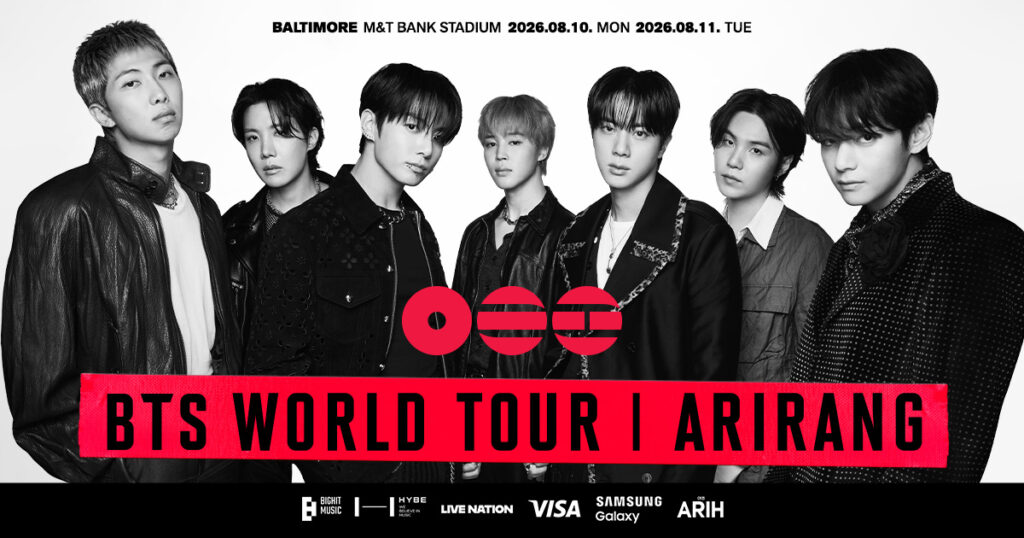 Black-and-white BTS group poster with a bold red banner reading 'BTS WORLD TOUR | ARIRANG' and sponsor logos along the bottom.