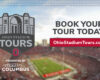 Promotional banner for Ohio Stadium Tours with a stadium crowd, large text 'BOOK YOUR TOUR TODAY!' and a red OhioStadiumTours.com button against a blurred field backdrop.