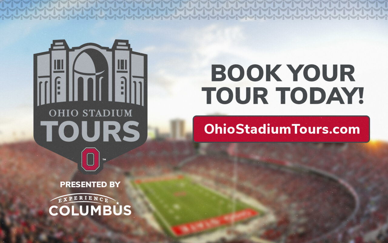 Promotional banner for Ohio Stadium Tours with a stadium crowd, large text 'BOOK YOUR TOUR TODAY!' and a red OhioStadiumTours.com button against a blurred field backdrop.