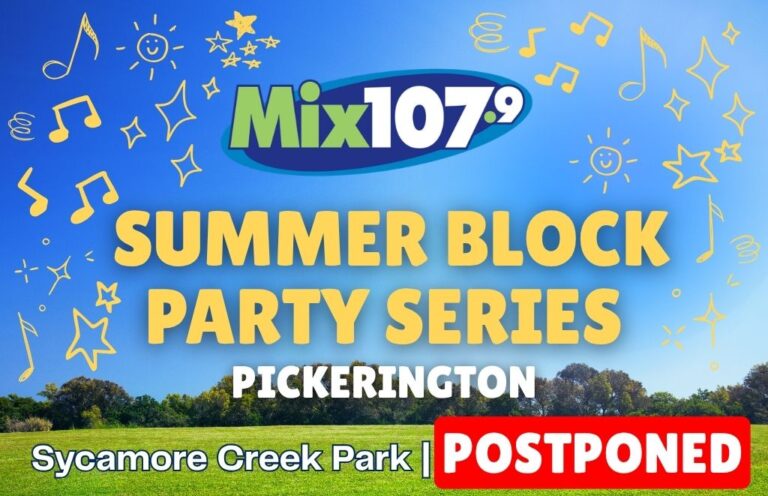 Promotional poster for Mix 107.9 Summer Block Party Series in Pickerington at Sycamore Creek Park with a red POSTPONED banner.