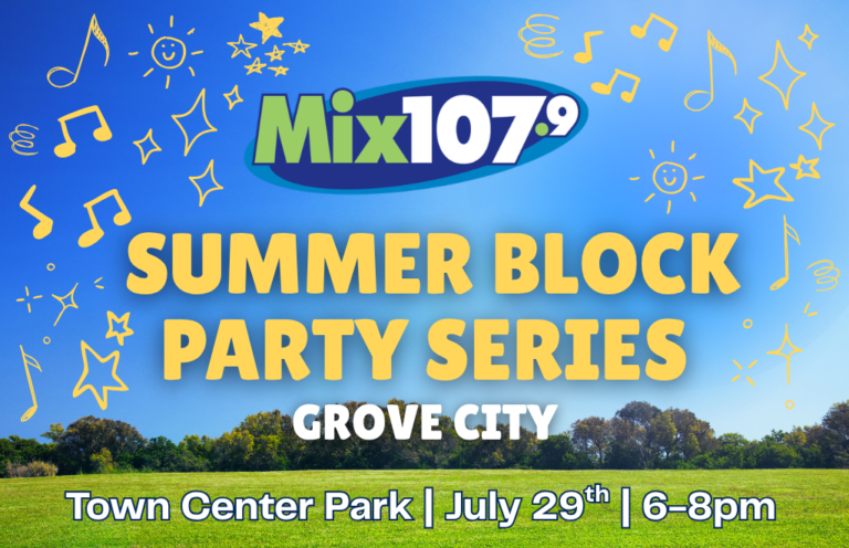 Promotional banner for Mix 107.9 Summer Block Party Series in Grove City—Town Center Park, July 29, 6–8pm: family-friendly outdoor event with music.